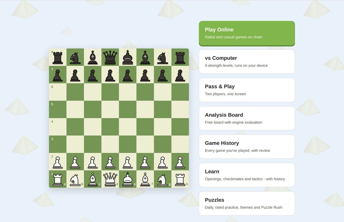 The ITZA Chess home menu on a desktop browser
