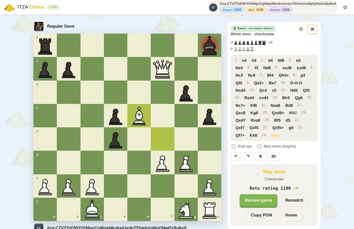 The same game finished, showing checkmate on a rated on-chain game